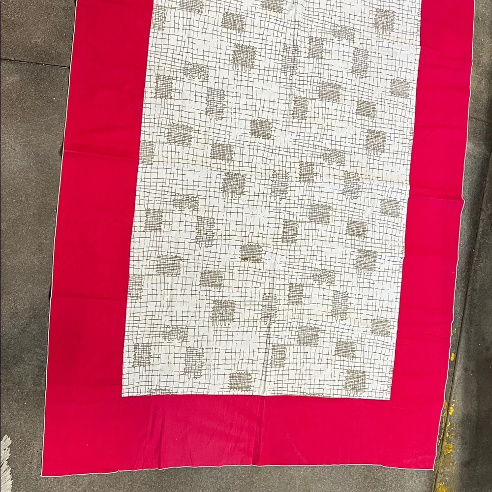 Vintage Tablecloth red 9” edge with cream & soft faded metallic insert